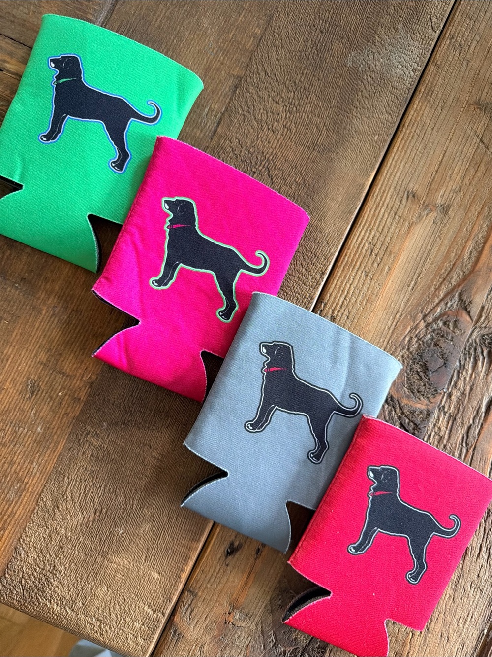 The Black Dog Neoprene Can Coolers in Pink, Green, Gray, Red | Set of 4